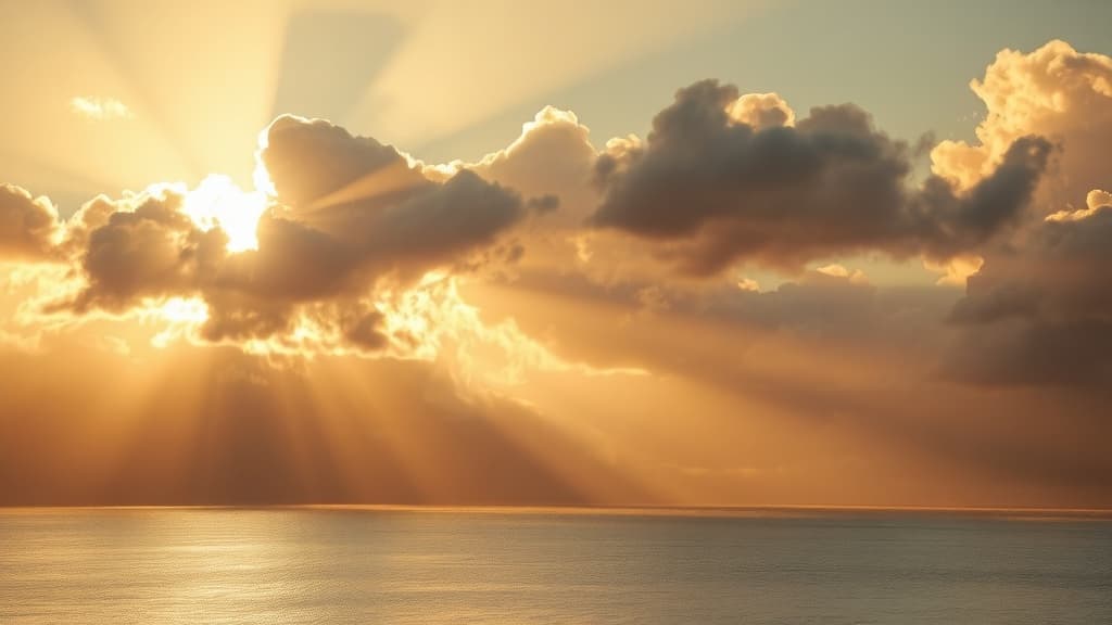 Cinematic and photorealistic 16:9 celestial landscape at golden hour. Ethereal rays of warm, golden sunlight breaking through soft, voluminous clouds over a peaceful, calm lake. A serene and comforting atmosphere with gentle mist rising from the water, evoking peace and divine presence. No people, no faces, no text.