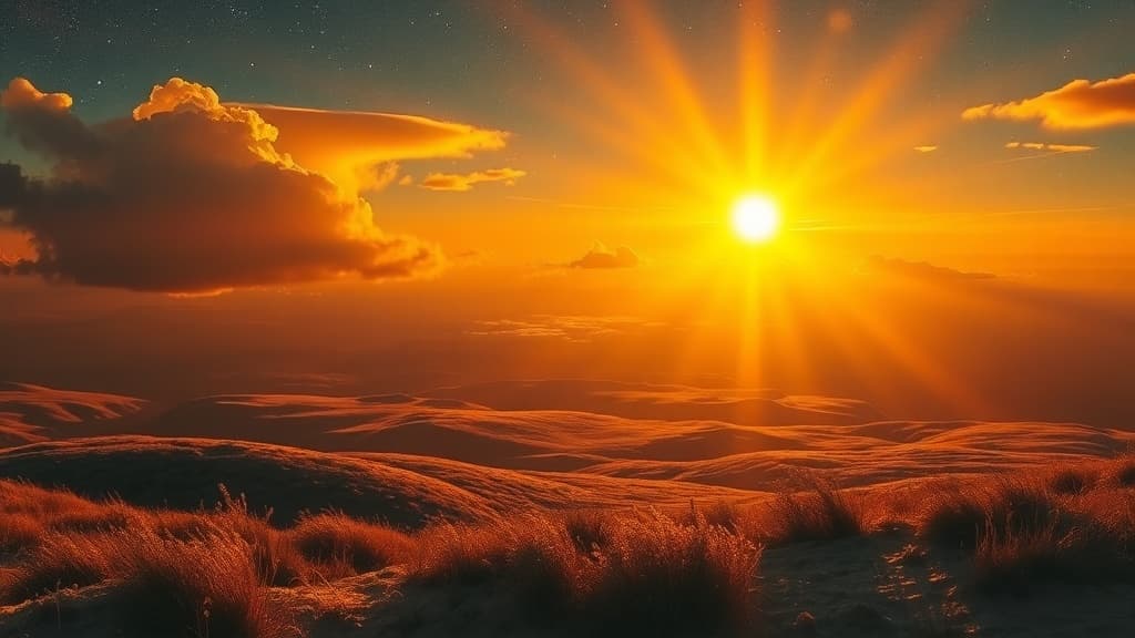 golden celestial light rays over calm ocean, cinematic 16:9